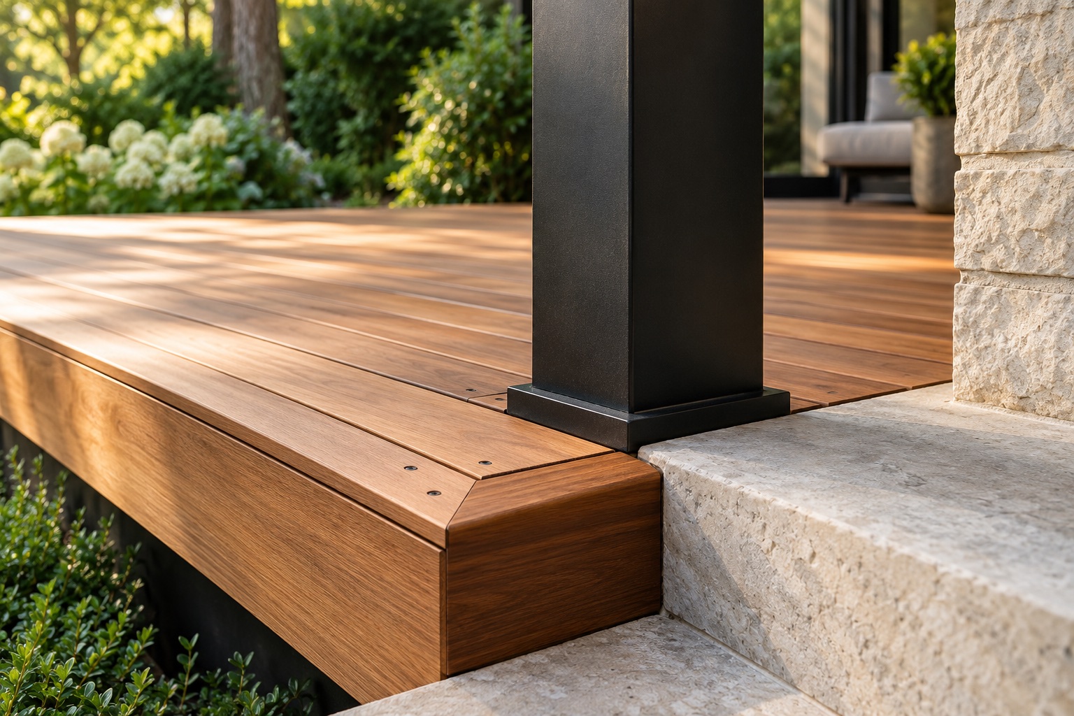 Carefully finished timber decking meeting a metal post and stone steps