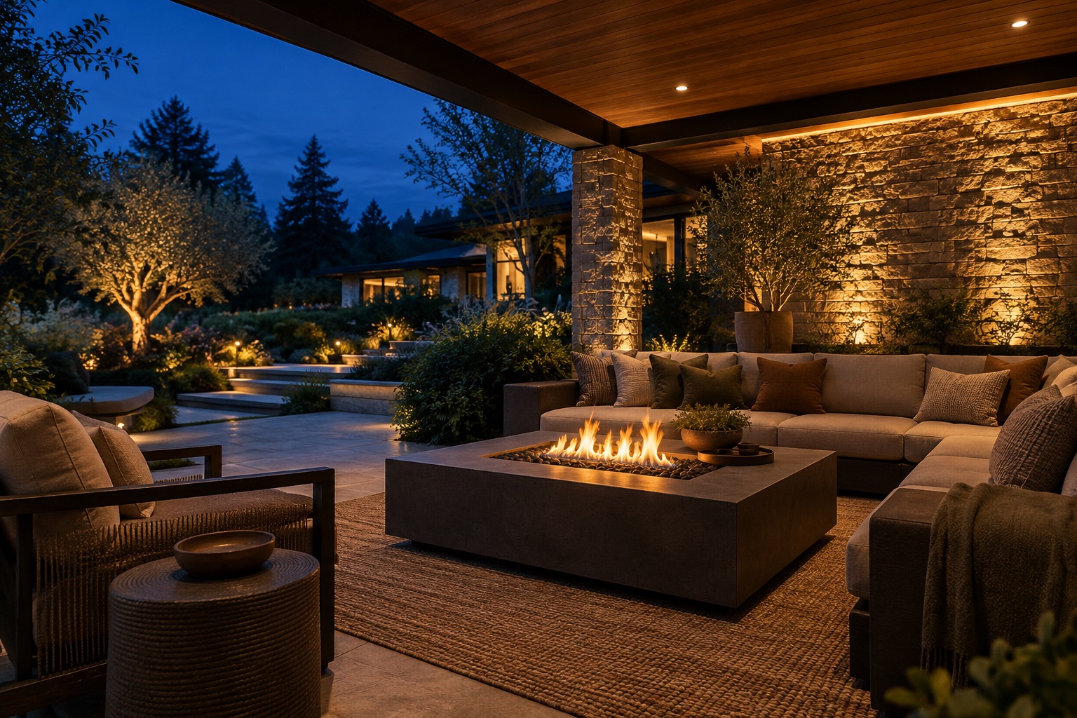 Covered lounge and fire feature glowing softly at twilight