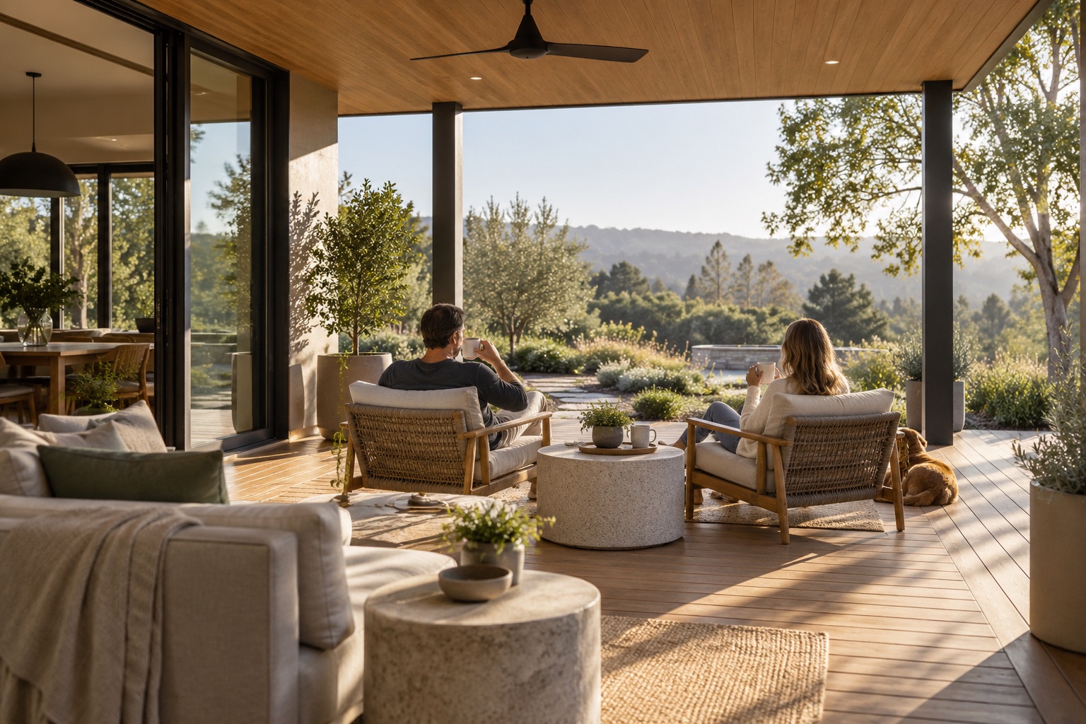 A couple sharing coffee under the shelter of a warm timber patio