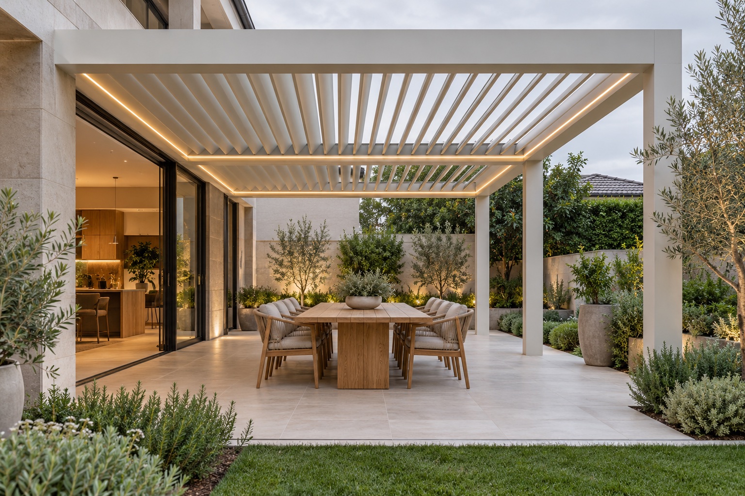 Outdoor dining table beneath an adjustable louvered pergola